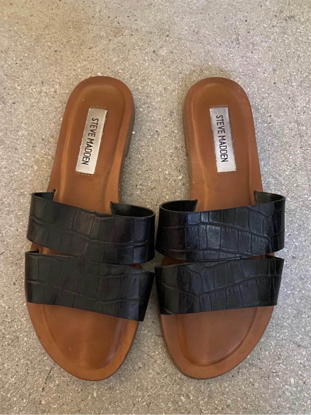 Steve Madden Black Croc-Embossed Double Strap Slides